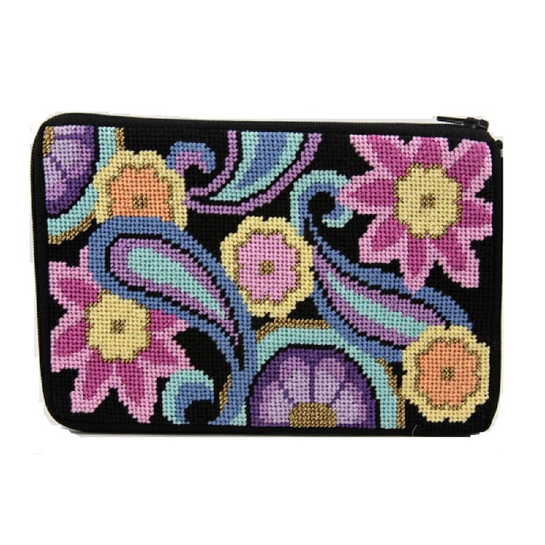 May include: A black needlepoint zippered pouch with a colorful floral and paisley design. The design features pink, purple, blue, and yellow flowers and paisley patterns on a black background.