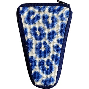 May include: A blue and white needlepoint zippered pouch with a geometric pattern. The pouch is made of fabric and has a dark blue zipper.