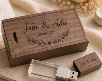 Personalized Crystal USB Drive, Engraved Wedding USB, Custom Photo Flash Drive, Wooden USB Stick, Wedding Photographer Gift, Memory Keepsake