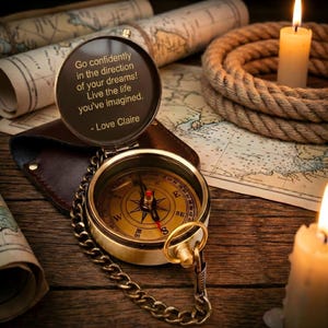 Pode incluir: Uma bússola de latão vintage com uma corrente, aberta para revelar a citação "Go confidently in the direction of your dreams! Live the life you've imagined. - Love Claire." A bússola está sobre uma superfície de madeira com mapas, um estojo de couro, uma corda e velas acesas.