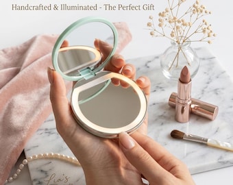 Personalized LED Compact Mirror for Bridesmaid Proposal, Custom Engraved Birth Flower Pocket Mirror with 3 Light Modes,USB Rechargeable Gift