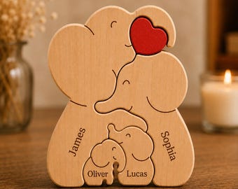 Gepersonaliseerd familiecadeau, houten olifantenpuzzel, gepersonaliseerde kinderkamerdecoratie, gegraveerde namen, houten tafelbeeldje