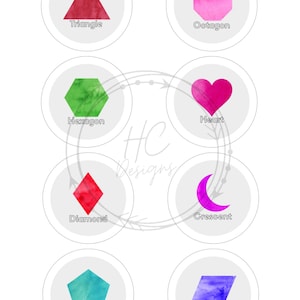 May include: A set of eight circular stickers featuring watercolor shapes and labels. The shapes include a red triangle, pink octagon, green hexagon, pink heart, red diamond, purple crescent, teal pentagon, and a blue rhombus with text labels.