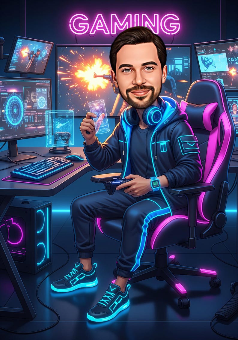 Custom Gamer Portrait | Cartoon Gamer Caricature | Personalized Gaming ...