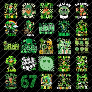 Op de afbeelding: Collectie St. Patrick's Day-ontwerpen met kabouters, klavers en de tekst "Bruh" en "Six Seven". Ontwerpen bevatten een pijnschaal en de zin "Prone to Shenanigans & Malarkey".