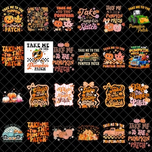 Puede incluir: Una colección de veinticinco diseños gráficos digitales con temas otoñales, calabazas y camiones con el texto Take Me To The Pumpkin Patch en varias fuentes, colores y estilos, dispuestos en una cuadrícula sobre un fondo negro con una superposición.