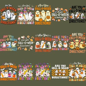 May include: A collection of fifteen graphic designs featuring cartoon ghosts, pumpkins, books, and pencils with the text Are You FALL-O-WEEN DIRECTIONS? The illustrations use various color palettes including orange, purple, pink, and black on a dark olive background.