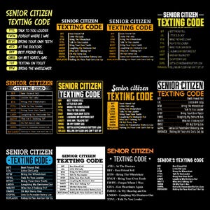 Op de afbeelding: Een verzameling zwart-witte borden met de tekst "SENIOR CITIZEN TEXTING CODE" en veelvoorkomende sms-afkortingen. De borden zijn in verschillende lay-outs en ontwerpen.