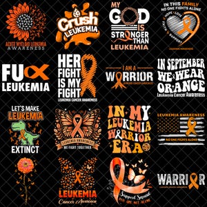 Könnte beinhalten: Eine Sammlung von sechzehn Grafikdesigns mit orangefarbenen Awareness-Schleifen, Sonnenblumen, Schmetterlingen und Dinosauriern. Der Text enthält Phrasen wie Crush Leukemia, My God Is Stronger Than Leukemia, In September We Wear Orange und Warrior.