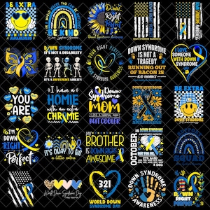 May include: A collection of twenty-five digital graphic designs featuring Down Syndrome awareness themes, utilizing blue and yellow color palettes, ribbons, hearts, sunflowers, and text slogans on a black background for apparel printing.