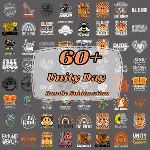 Puede incluir: Una colección digital de más de 60 diseños de sublimación con temas de bondad, unidad y anti-acoso. Los gráficos incluyen varios eslóganes, caras sonrientes, arcoíris, corazones e ilustraciones con el texto 60+ Unity Day Bundle Sublimation.
