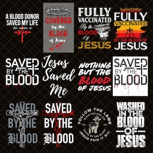 Op de afbeelding: Verzameling religieuze ontwerpen met tekst en afbeeldingen. Bevat zinnen als "Gered door het Bloed", "Volledig gevaccineerd door het Bloed van Jezus" en "Een bloeddonor redde mijn leven". Afbeeldingen: doornenkroon, lam en kruis.