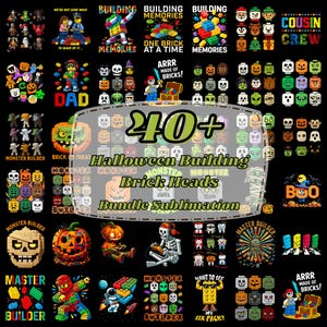 May include: A digital collection of Halloween-themed building brick graphics on a black background. The designs feature various block-style characters, pumpkins, skeletons, and text such as 40+ Halloween Building Brick Heads Bundle Sublimation.
