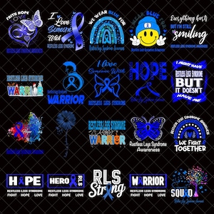 Restless Legs Syndrome Awareness PNG Bundle, RLS Warrior Ribbon, Blue Butterfly Hope Support Squad Digital Download