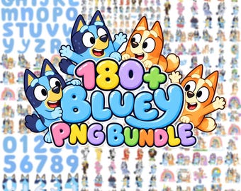 May include: A digital collection of over 180 Bluey character PNG images featuring blue and orange cartoon dogs. The central graphic displays the text 180+ BLUEY PNG BUNDLE in colorful bubble letters, surrounded by various character poses, blue alphabet letters, and blue numbers.