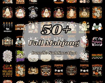 May include: A collection of over 50 digital graphic designs featuring ghosts, mahjong tiles, pumpkins, and autumn foliage. The central text reads 50+ Fall Mahjong Bundle Sublimation, surrounded by various seasonal illustrations on a black background.