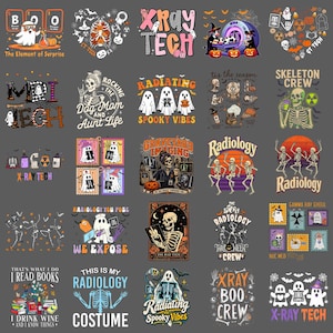 Pode incluir: Uma coleção de vinte e cinco designs gráficos com temas de Halloween e radiologia. As ilustrações incluem esqueletos, fantasmas, abóboras e equipamentos médicos como máquinas de raio-X, acompanhados de textos como X-Ray Tech e Radiology.
