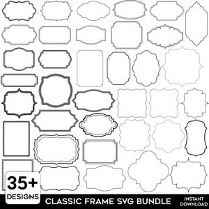 Op de afbeelding: Een verzameling van 35+ klassieke frame-ontwerpen in zwart en wit. De frames variëren in vorm en stijl, waaronder rechthoekige, ovale en sierlijke ontwerpen. De afbeelding bevat de tekst "CLASSIC FRAME SVG BUNDLE" en "INSTANT DOWNLOAD".