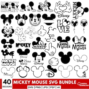 May include: A collection of 40 Mickey Mouse SVG designs in black and white. Includes various Mickey Mouse head silhouettes, character illustrations, and text elements like "Mickey Mouse" and "Disney". The designs are suitable for digital crafting.