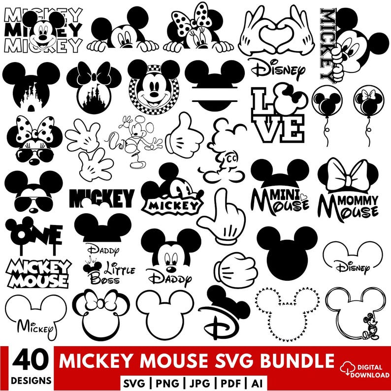 May include: A collection of 40 Mickey Mouse SVG designs in black and white. Includes various Mickey Mouse head silhouettes, character illustrations, and text elements like "Mickey Mouse" and "Disney". The designs are suitable for digital crafting.