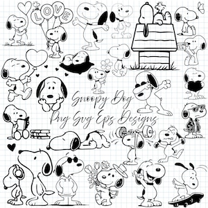 Puede incluir: Ilustraciones en blanco y negro de Snoopy en varias poses. Snoopy sostiene globos, un corazón, una flor y una cámara. También está presente el texto "Snoopy Dog Png Svg Eps Designs".