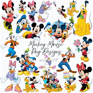 Könnte beinhalten: Eine Sammlung farbenfroher Cartoon-Charakter-PNG-Designs mit Micky Maus, Minnie Maus, Donald Duck, Daisy Duck, Goofy und Pluto. Der Text "Mickey Mouse Png Designs" ist in einer Schreibschrift geschrieben.