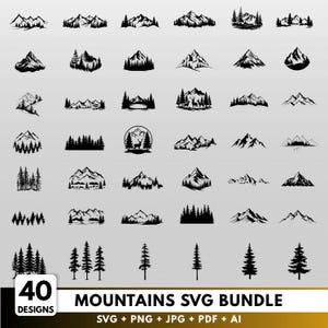 May include: A collection of 40 black and white mountain and tree designs in SVG, PNG, JPG, PDF, and AI formats. The designs include various mountain ranges, individual trees, and forest scenes. The text "MOUNTAINS SVG BUNDLE" is displayed.
