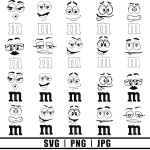 May include: Black and white graphic featuring various cartoon faces with different expressions above the letter "m". The image includes the file type options: SVG, PNG, and JPG.