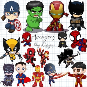Puede incluir: Una colección de personajes de superhéroes de dibujos animados, incluyendo al Capitán América, Hulk, Iron Man y Batman. La imagen también presenta a Wolverine, Spider-Man y Deadpool. El texto "Avengers Png Designs" es visible.