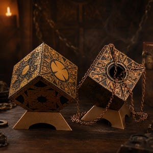 May include: Two decorative puzzle boxes featuring intricate gold-colored geometric engravings on black surfaces. Each cube rests on a gold-colored stand. One cube is wrapped in a thin copper-toned metal chain that drapes down from its top surface.
