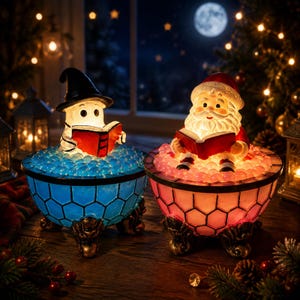 May include: Two illuminated decorative bowls with claw feet. The left bowl is blue with a honeycomb pattern, containing a white ghost wearing a black witch hat and reading a red book. The right bowl is pink, containing Santa Claus reading a red book.