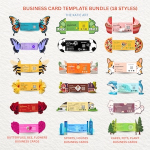 Puede incluir: Un conjunto de 18 plantillas de tarjetas de visita con varios diseños. Las tarjetas presentan temas como mariposas, deportes, casas, pasteles, mascotas y plantas. Cada tarjeta incluye espacio para un nombre de marca y un código QR.