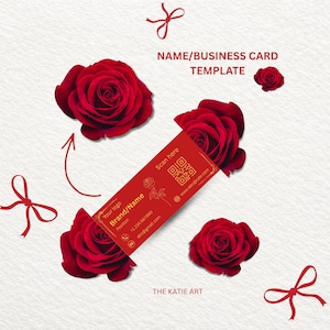 May include: A business card template featuring a red rectangular card with a rose illustration and a QR code. The card is surrounded by red roses and bows on a textured white background. Text includes "Your logo", "Brand/Name", and contact information.