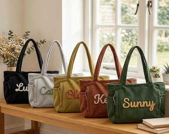 Personalized Corduroy Tote Bag | Custom Name Embroidery Shoulder Bag