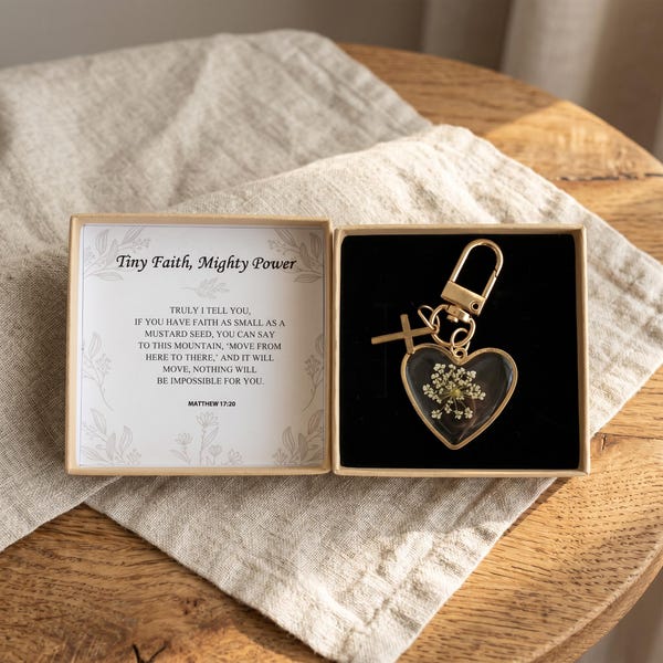 Mosterdzaad Faith sleutelhanger geschenkdoos met aanmoedigingskaart, christelijk inspirerend cadeau voor vrouwen, doopbevestiging afstuderen