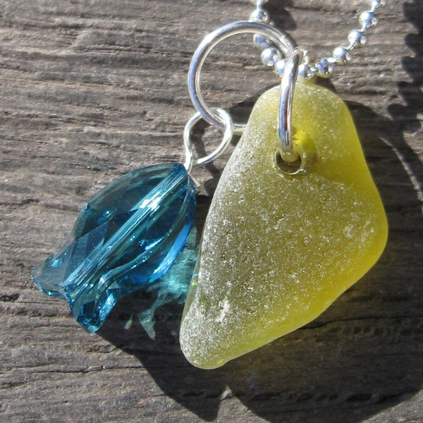 Sea Glass Jewelry Necklace Rare Thick Citron Sea Glass with Swarovski Crystal Fish