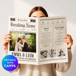 Op de afbeelding: Een huwelijksaankondiging in krantenstijl met de kop "Breaking News". De aankondiging bevat een foto van een stel, Emma & Liam, en de tekst "Getting Married!" Het ontwerp bevat de tekst "Editable with Canva."