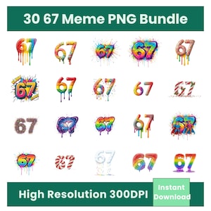 Könnte beinhalten: Eine Sammlung farbenfroher digitaler Grafiken mit der Zahl "67" in verschiedenen Stilen. Die Designs umfassen tropfende Farbeffekte, Glitzer, Regenbogenverläufe und Superhelden-Themen. Der Text "30 67 Meme PNG Bundle" steht oben.