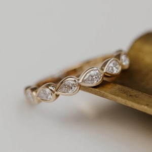 14k Solid Yellow Gold Matching Wedding Band, East To West Pear Cut Moissanite Half Eternity Bezel Set Stacking Ring, Diamond Jewelry/Gift