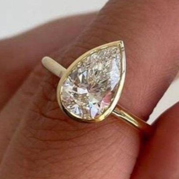 3CT Bezel Set Pear Cut Moissanite Engagement Ring, 14K Gold Wedding Ring, Pear Cut Solitaire Ring, Anniversary Gifts For Women, Promise Ring