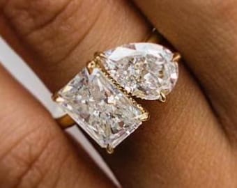 Hidden Halo Toi Et Moi Engagement Ring, Radiant and Pear Brilliant Diamond Proposal Ring, Anniversary Gift Ring, You and Me Wedding Ring