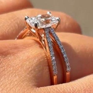 1Ct Radiant Cut Moissanite Split Shank Engagement Ring, 14K solid Gold Double Band Wedding Ring, Round Cut Pave Diamond Bridal Ring Gift