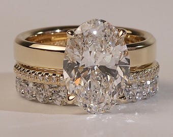 4CT Oval Cut Moissanite Three Piece Bridal Ring Set, Tulip Prong Engagement Set, Wedding Anniversary Gift, 18KT Solid Gold Matching Band Set