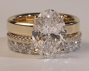4CT Oval Cut Moissanite Three Piece Bridal Ring Set, Tulip Prong Engagement Set, Wedding Anniversary Gift, 18KT Solid Gold Matching Band Set