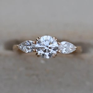 14K Solid Gold Round Cut Moissanite Engagement Ring, Three Stone Wedding Ring, Art Deco Pear Cut Side Diamond Wedding Ring, Anniversary Ring