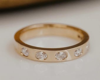 3.50mm Wide Delicate Oval Cut Moissanite Stacking Wedding Band, Flush Set Half Eternity Engagement Band,14K Gold Flush Setting Stacking Band