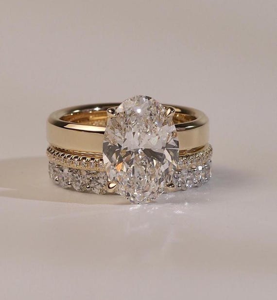 4CT Oval Cut Moissanite Three Piece Bridal Ring Set, Tulip Prong Engagement Set, Wedding Anniversary Gift, 18KT Solid Gold Matching Band Set