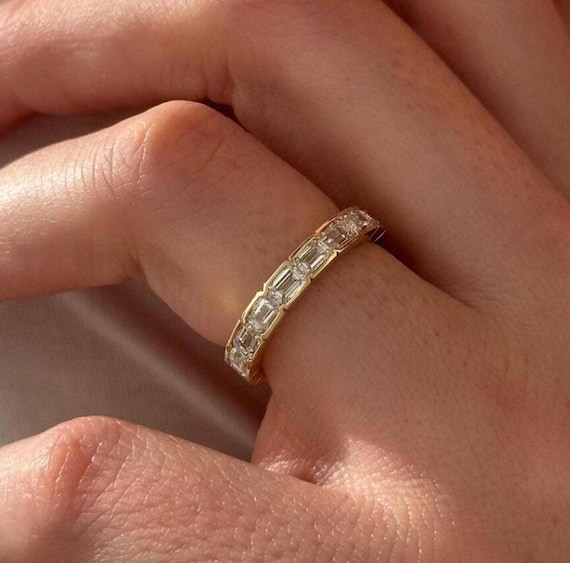Suspense Emerald Cut Moissanite Full Eternity Wedding Band, 14k Solid Gold Half Bezel Set Emerald Stacking Band,Tension Style East West Ring