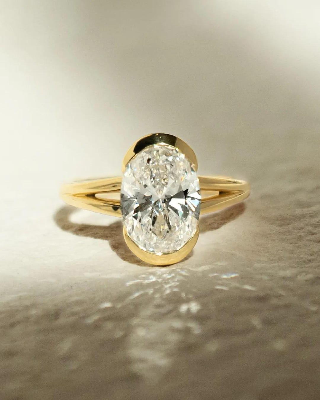 Solid Gold Split Shank Oval Cut Moissanite Engagement Ring, Solitaire ...