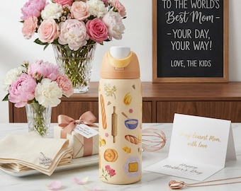 Bakery Aesthetic 32oz Water Bottle, Cute Pastry and Bread Tumbler, Insulated Stainless Steel Mug, Tumbler Brunch Brunch